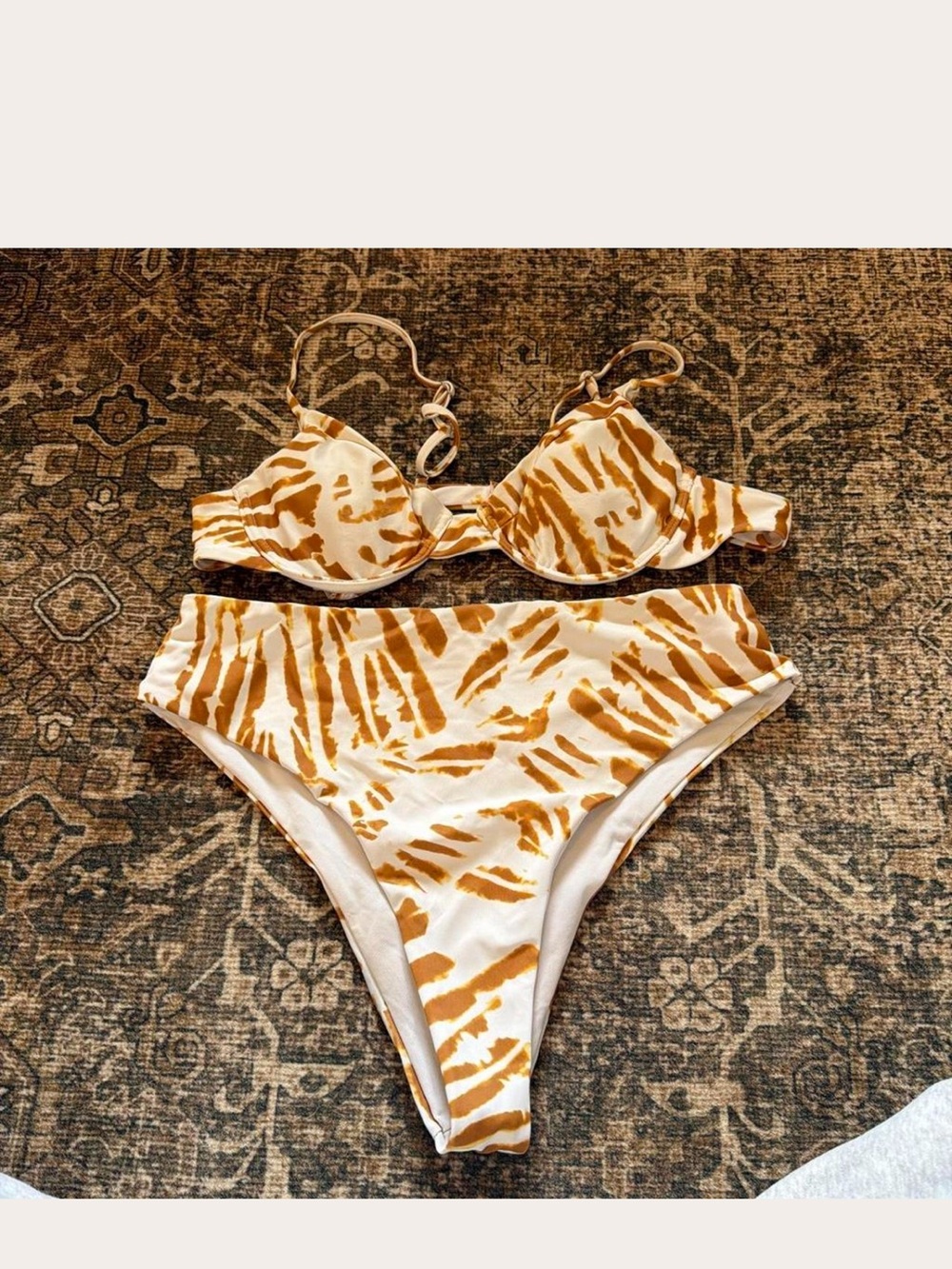 White & Mustard Tiger-Print One Piece Swim Set